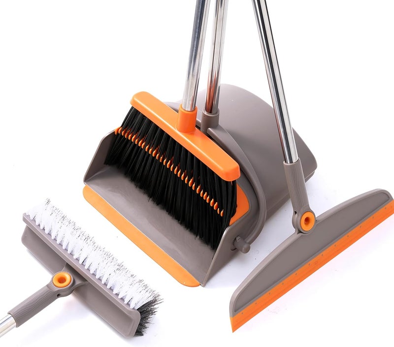 Duitwell Multifunction 3-in-1 Broom and Dustpan, Silicone broom Squeegee and Scrub Brush Set with Long Adjustable Handle for Indoor & Outdoor Sweeping and Scrubbing, Ideal for Pet Hair, Liquids Spills and Dirt - Image 1